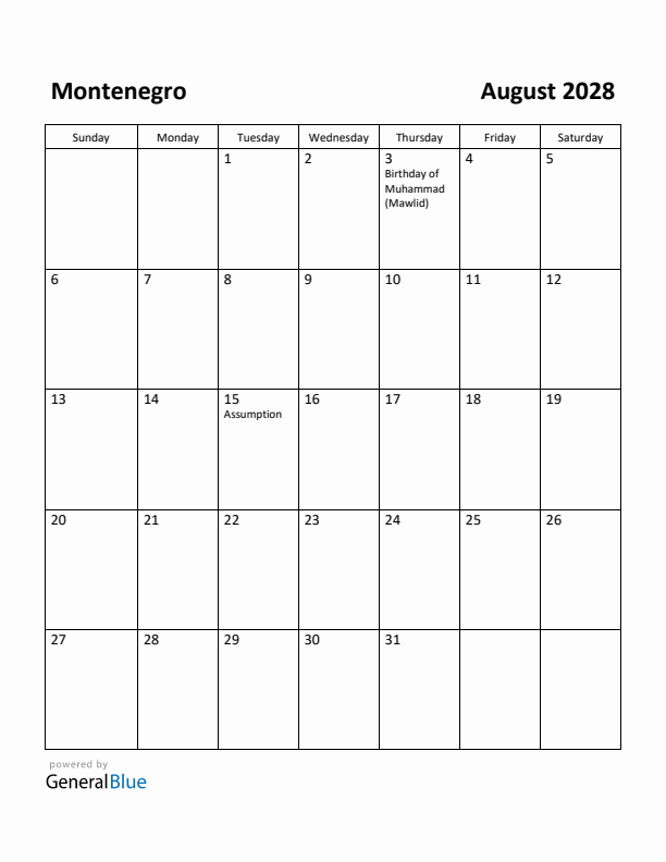 August 2028 Calendar with Montenegro Holidays