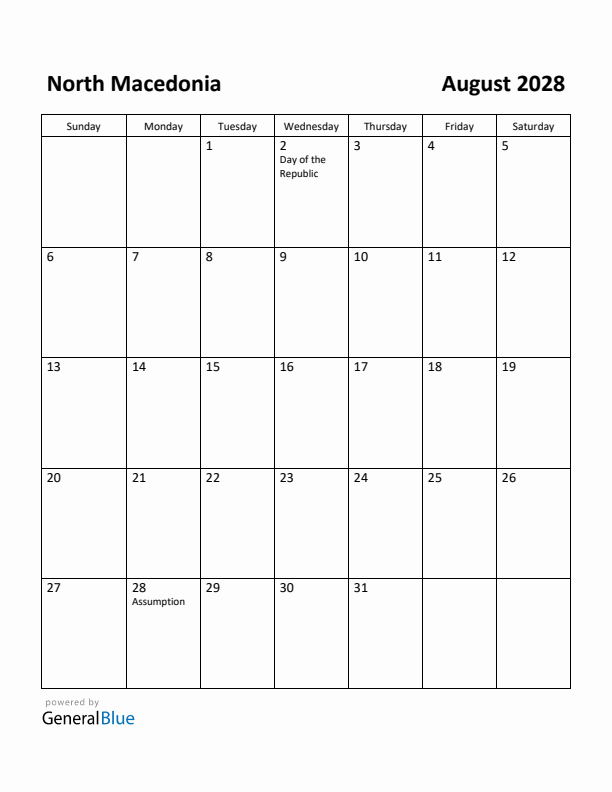 August 2028 Calendar with North Macedonia Holidays