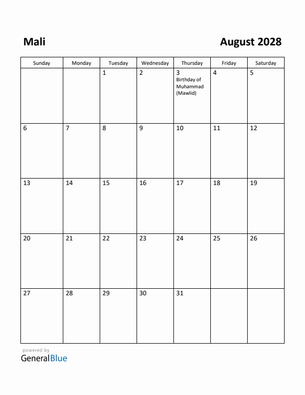August 2028 Calendar with Mali Holidays