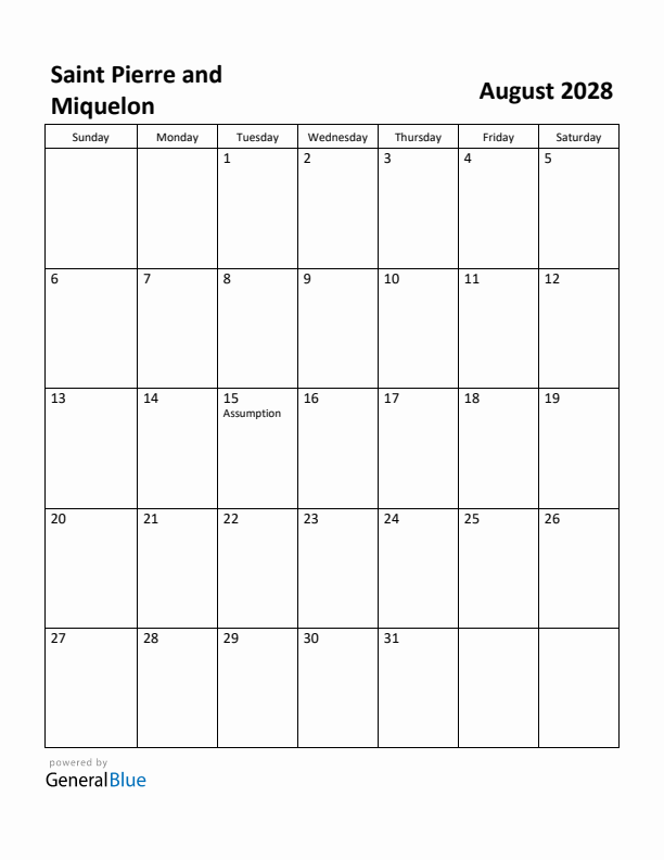August 2028 Calendar with Saint Pierre and Miquelon Holidays