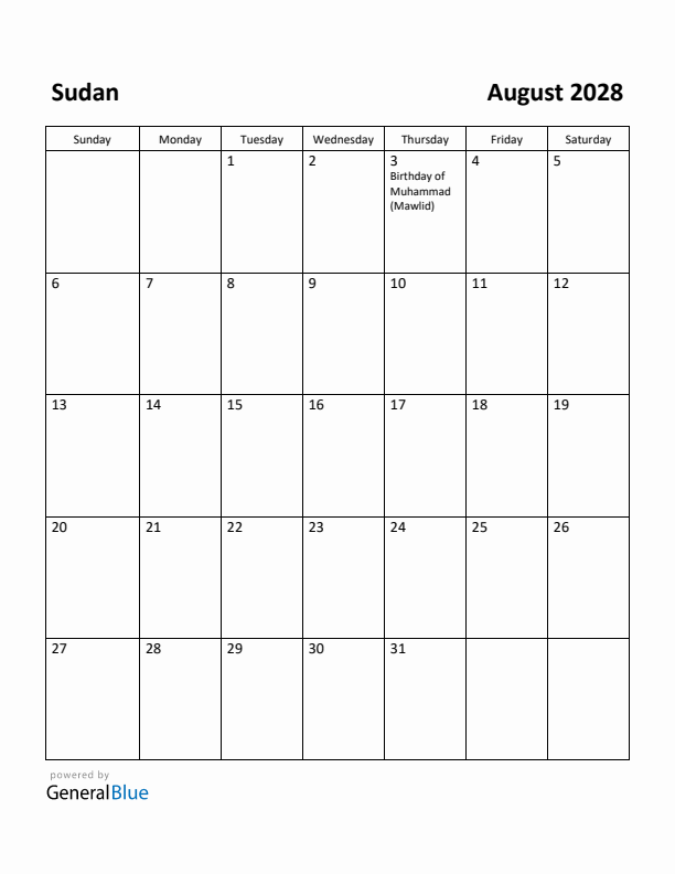 August 2028 Calendar with Sudan Holidays