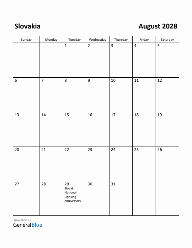 August 2028 Calendar with Slovakia Holidays