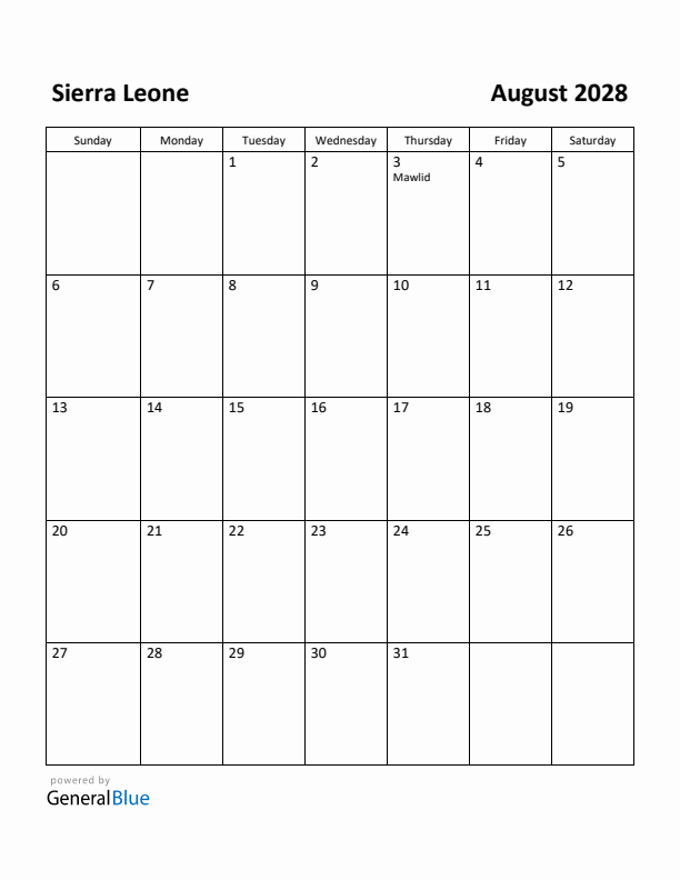 August 2028 Calendar with Sierra Leone Holidays