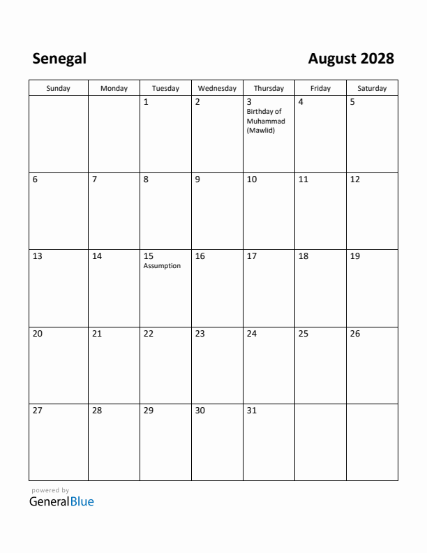 August 2028 Calendar with Senegal Holidays
