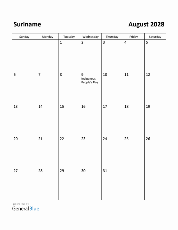 August 2028 Calendar with Suriname Holidays