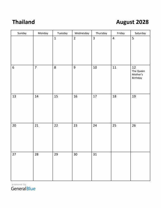 August 2028 Calendar with Thailand Holidays
