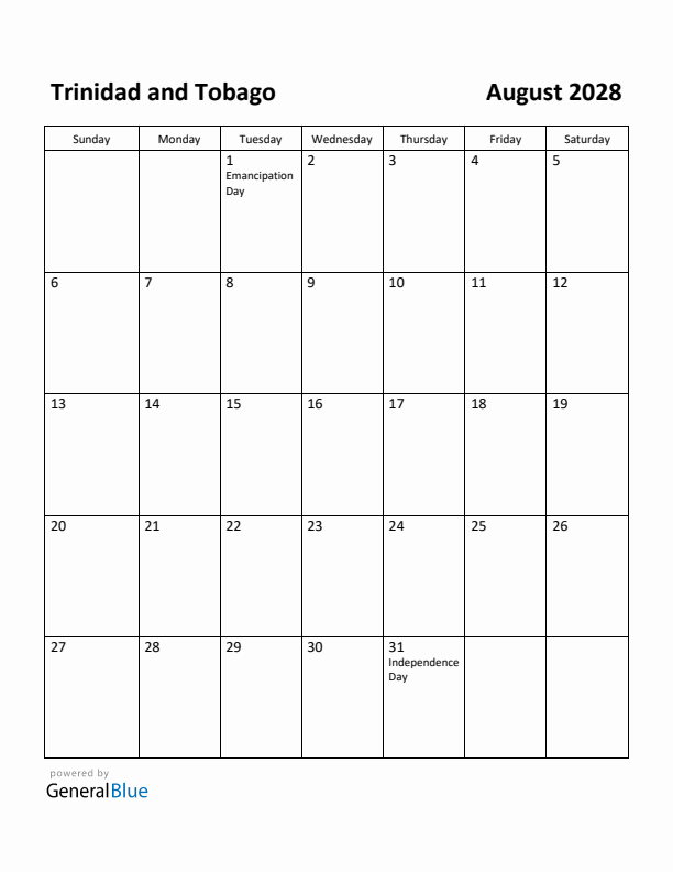 August 2028 Calendar with Trinidad and Tobago Holidays