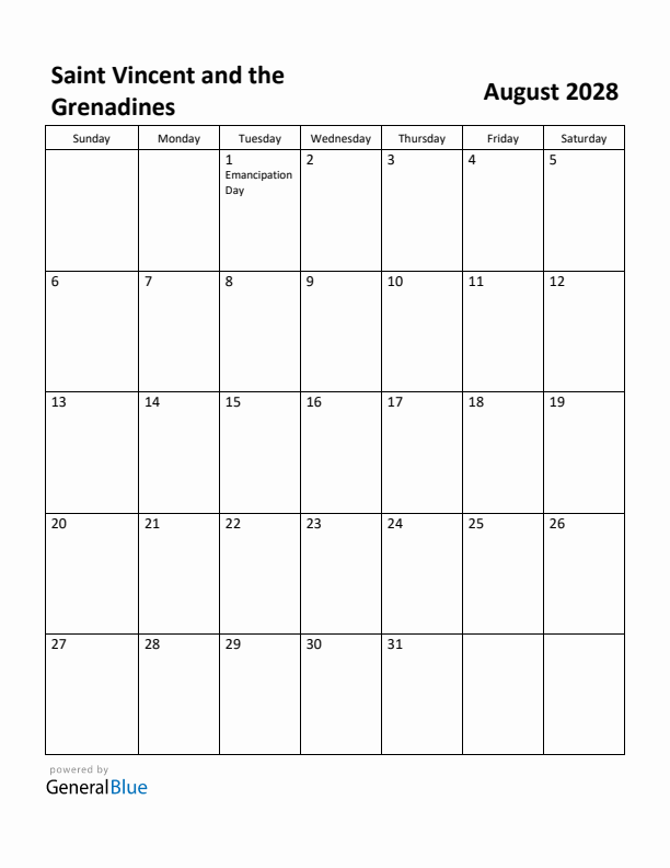 August 2028 Calendar with Saint Vincent and the Grenadines Holidays