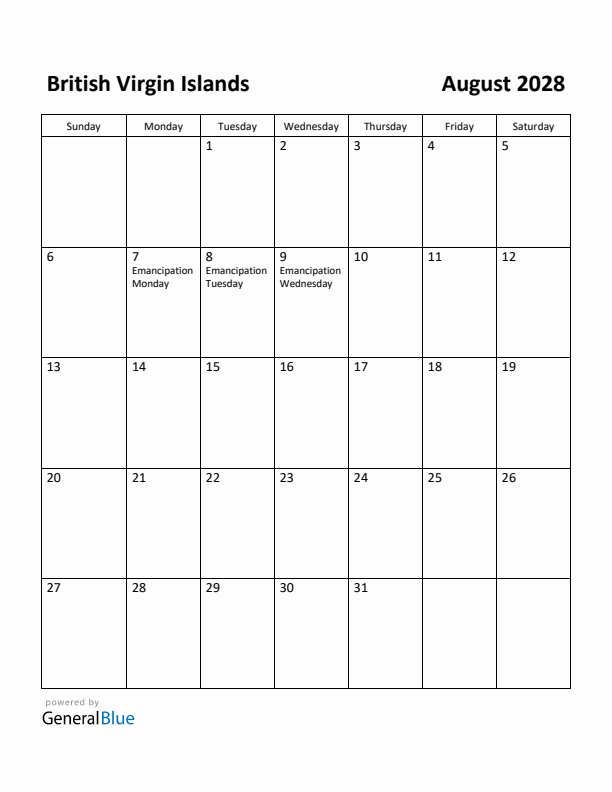 August 2028 Calendar with British Virgin Islands Holidays
