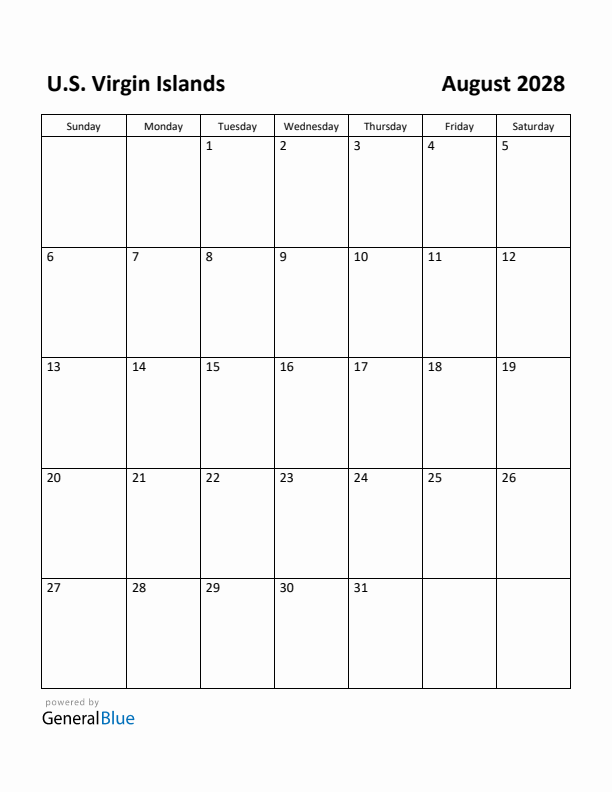 August 2028 Calendar with U.S. Virgin Islands Holidays