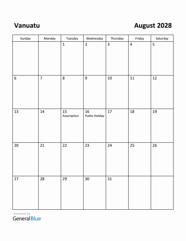 August 2028 Calendar with Vanuatu Holidays