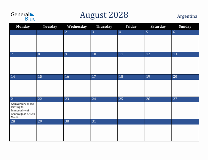 August 2028 Argentina Calendar (Monday Start)