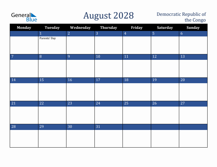 August 2028 Democratic Republic of the Congo Calendar (Monday Start)