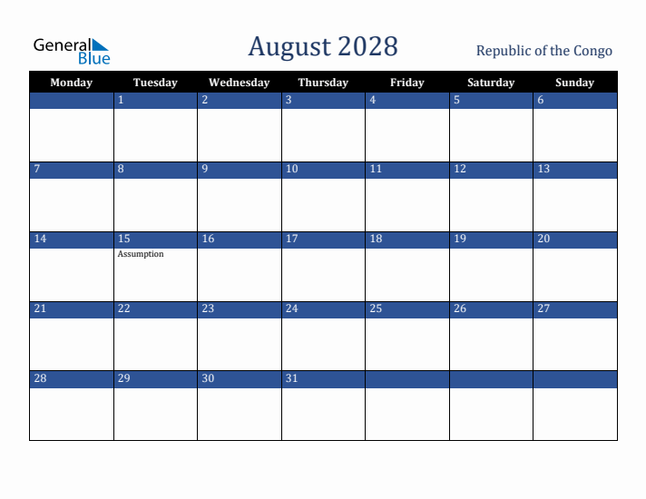 August 2028 Republic of the Congo Calendar (Monday Start)