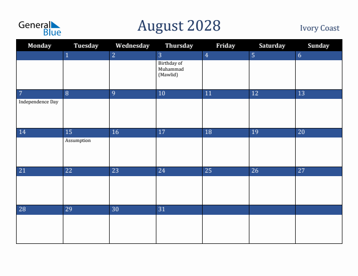 August 2028 Ivory Coast Calendar (Monday Start)