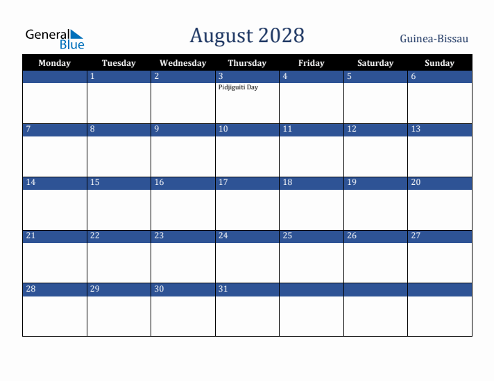 August 2028 Guinea-Bissau Calendar (Monday Start)