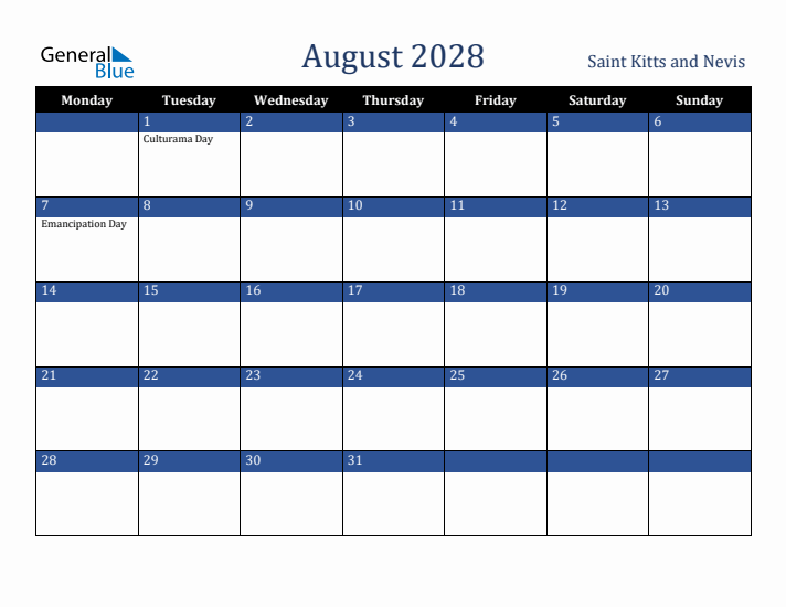 August 2028 Saint Kitts and Nevis Calendar (Monday Start)