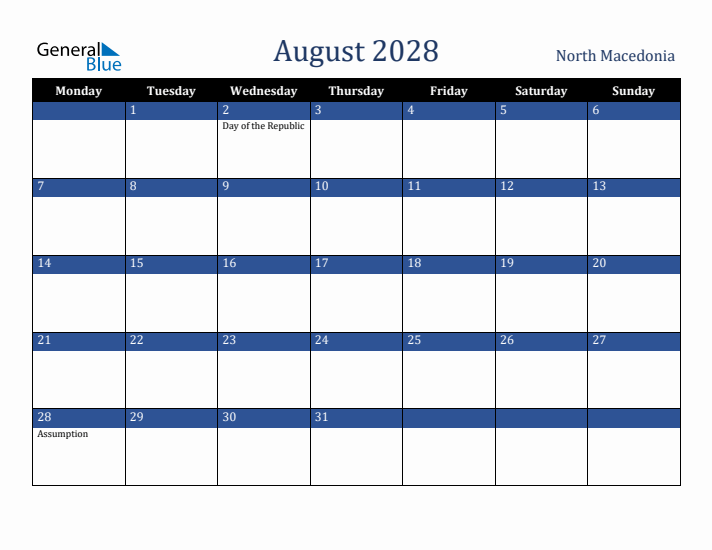 August 2028 North Macedonia Calendar (Monday Start)