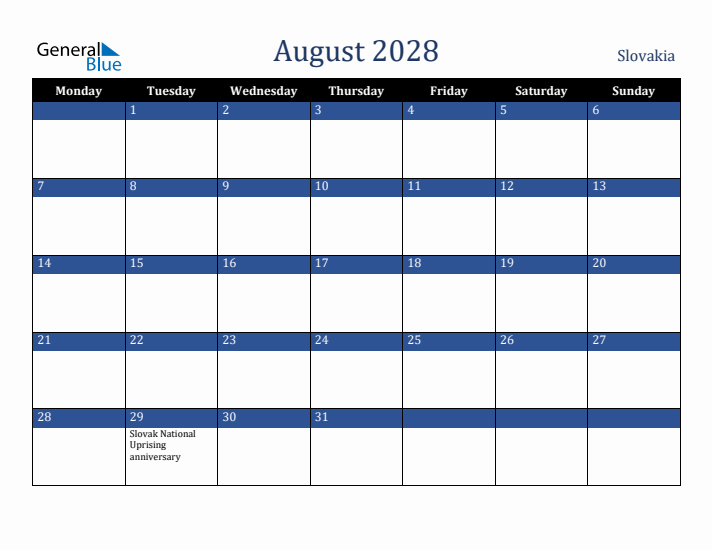 August 2028 Slovakia Calendar (Monday Start)