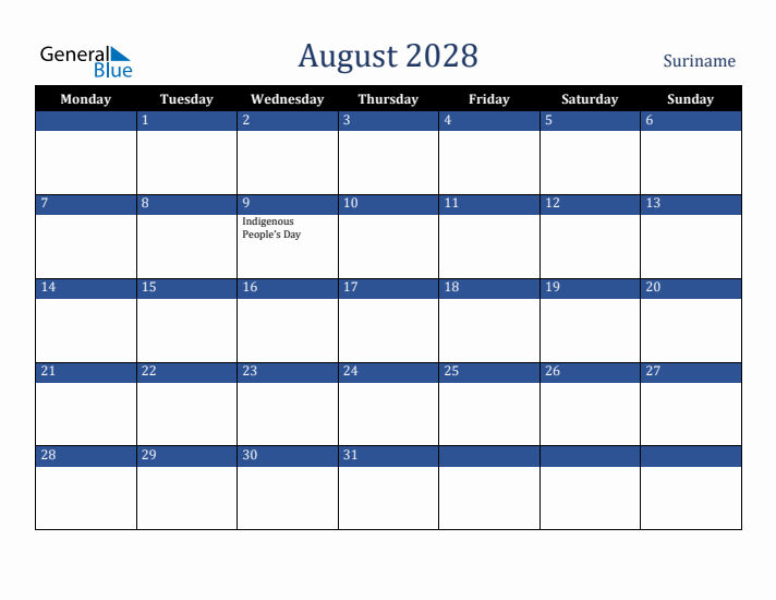 August 2028 Suriname Calendar (Monday Start)