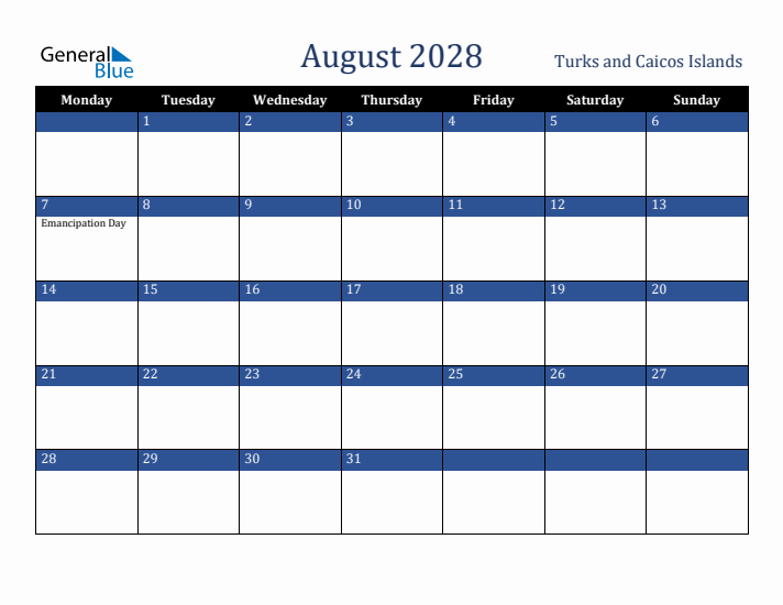 August 2028 Turks and Caicos Islands Calendar (Monday Start)