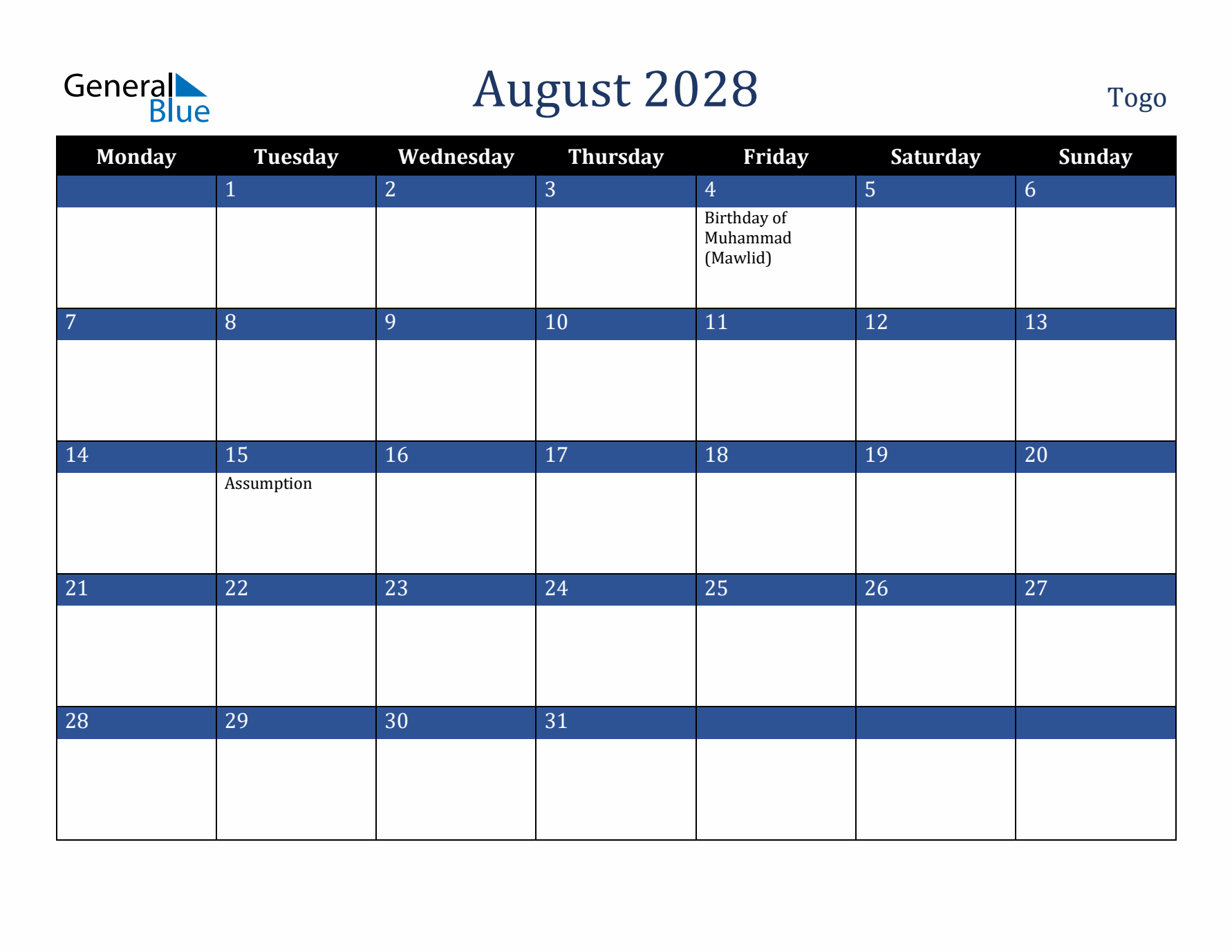 August 2028 Togo Calendar (Monday Start)