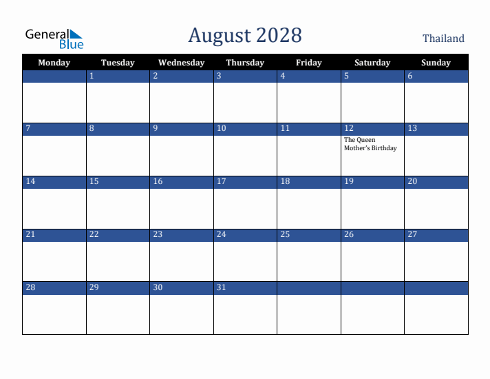 August 2028 Thailand Calendar (Monday Start)