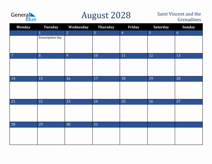 August 2028 Saint Vincent and the Grenadines Calendar (Monday Start)