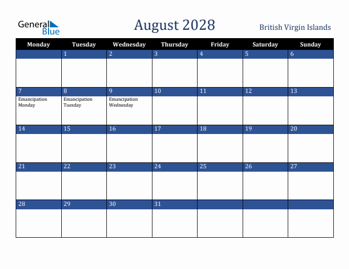 August 2028 British Virgin Islands Calendar (Monday Start)