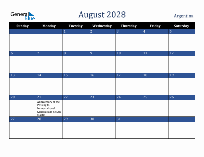 August 2028 Argentina Calendar (Sunday Start)