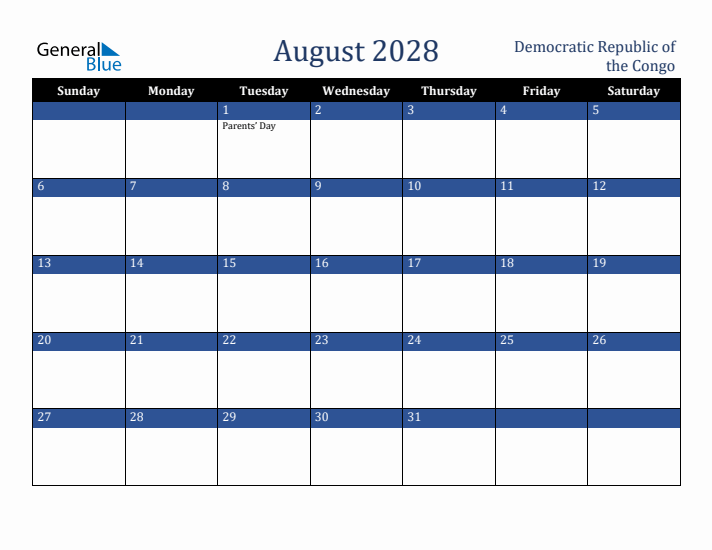 August 2028 Democratic Republic of the Congo Calendar (Sunday Start)