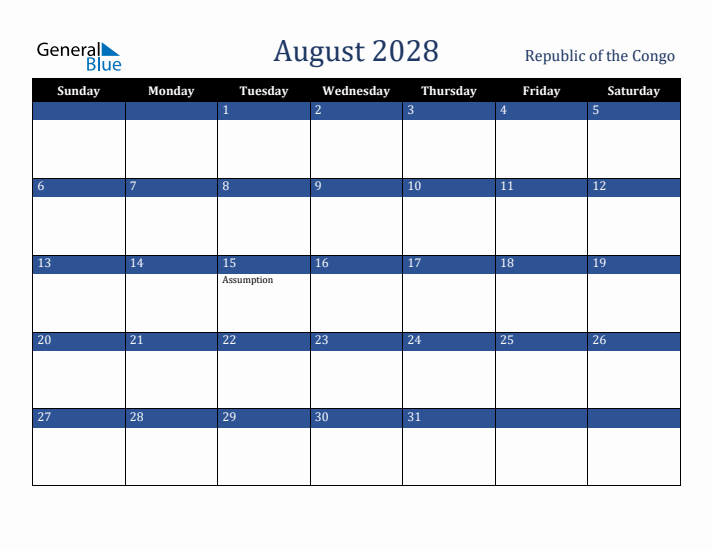 August 2028 Republic of the Congo Calendar (Sunday Start)