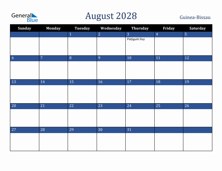 August 2028 Guinea-Bissau Calendar (Sunday Start)