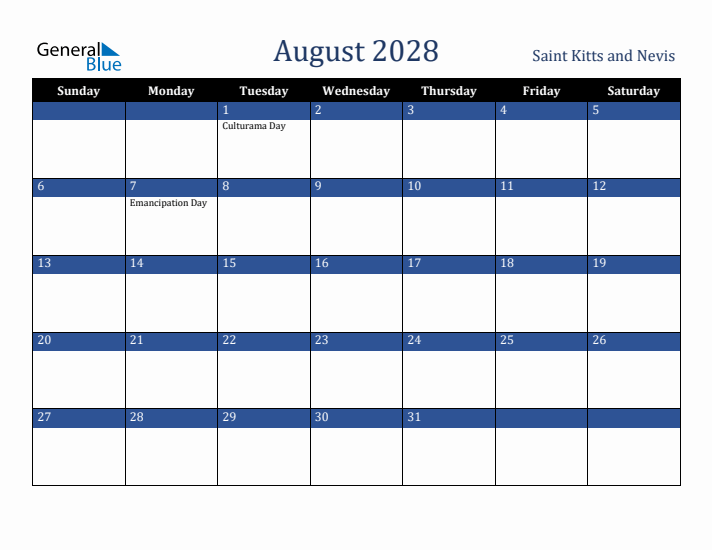 August 2028 Saint Kitts and Nevis Calendar (Sunday Start)