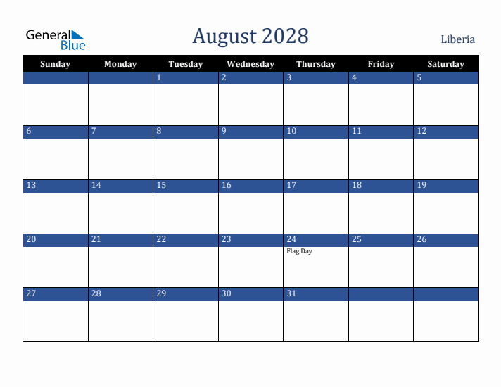 August 2028 Liberia Calendar (Sunday Start)