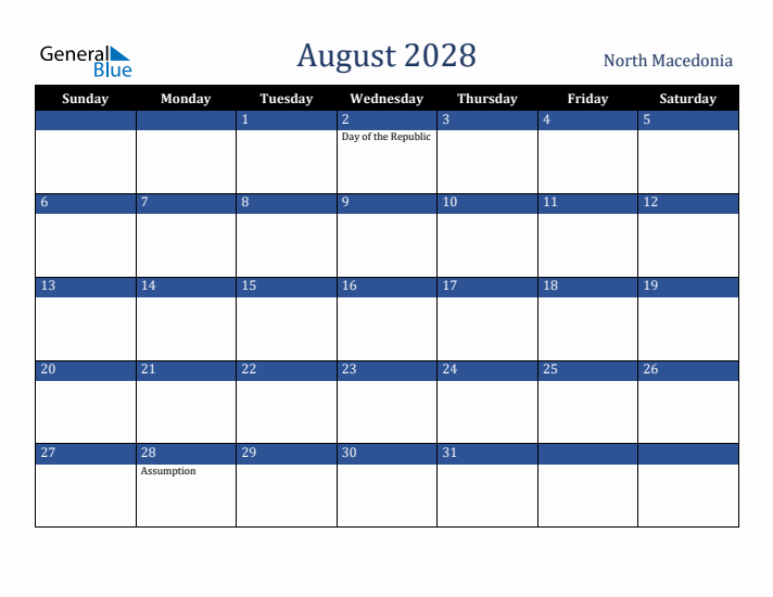 August 2028 North Macedonia Calendar (Sunday Start)