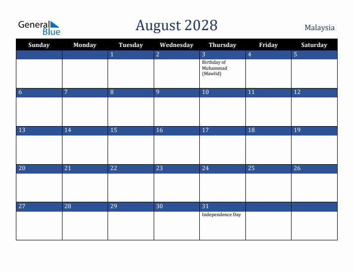 August 2028 Malaysia Calendar (Sunday Start)