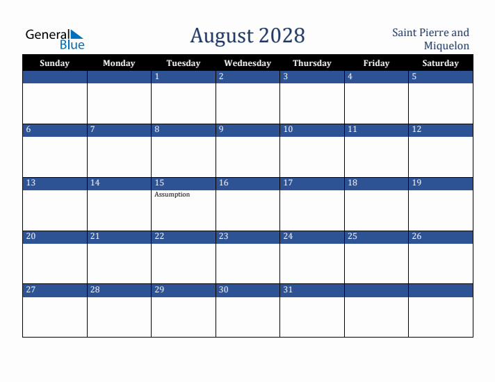 August 2028 Saint Pierre and Miquelon Calendar (Sunday Start)