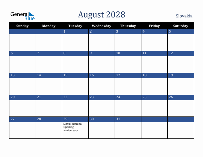 August 2028 Slovakia Calendar (Sunday Start)