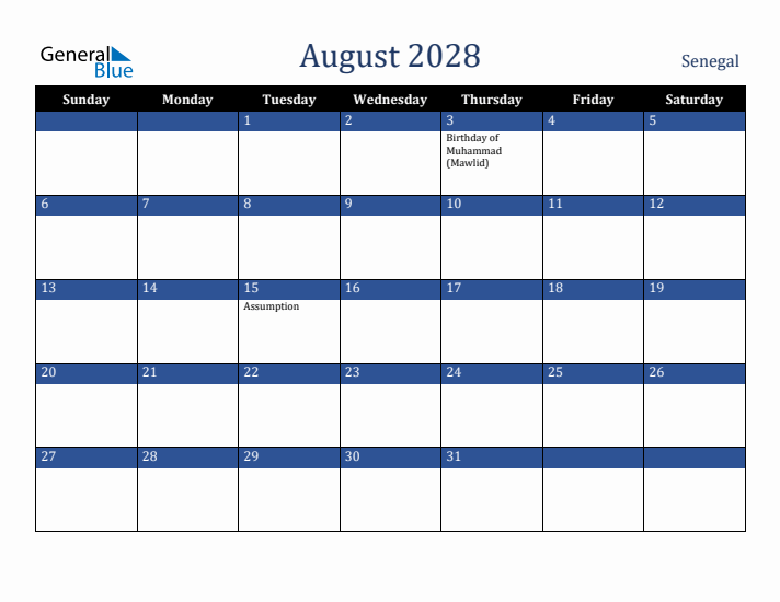 August 2028 Senegal Calendar (Sunday Start)