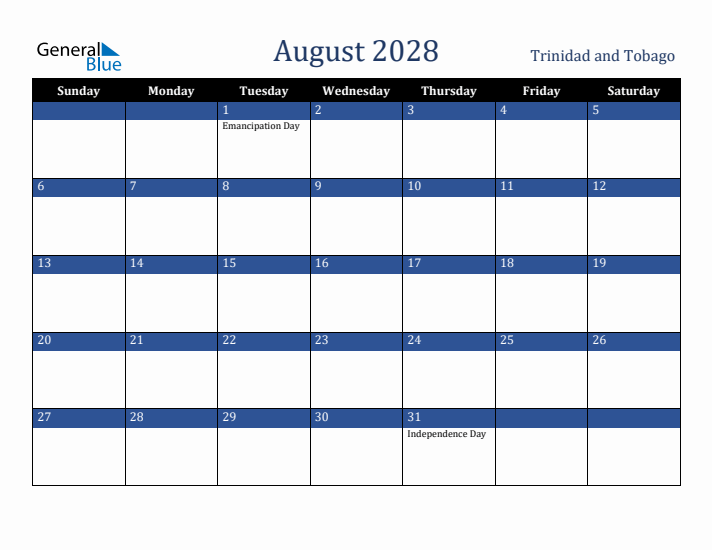 August 2028 Trinidad and Tobago Calendar (Sunday Start)