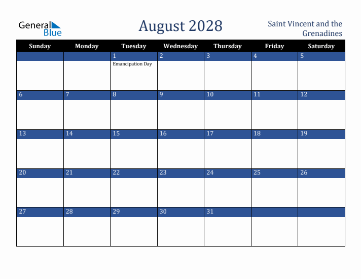 August 2028 Saint Vincent and the Grenadines Calendar (Sunday Start)