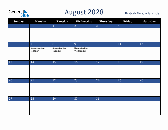 August 2028 British Virgin Islands Calendar (Sunday Start)