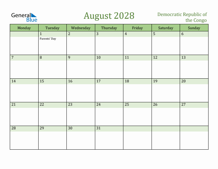 August 2028 Calendar with Democratic Republic of the Congo Holidays