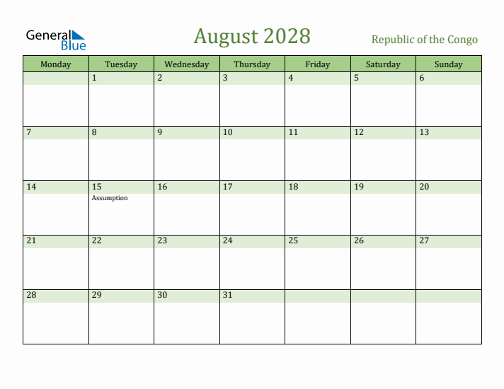 August 2028 Calendar with Republic of the Congo Holidays