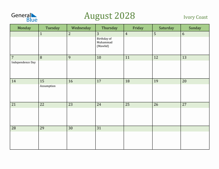 August 2028 Calendar with Ivory Coast Holidays