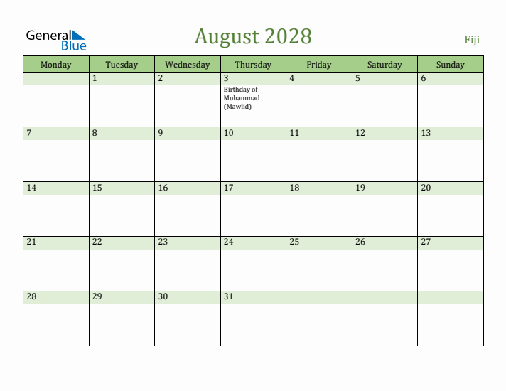 August 2028 Calendar with Fiji Holidays