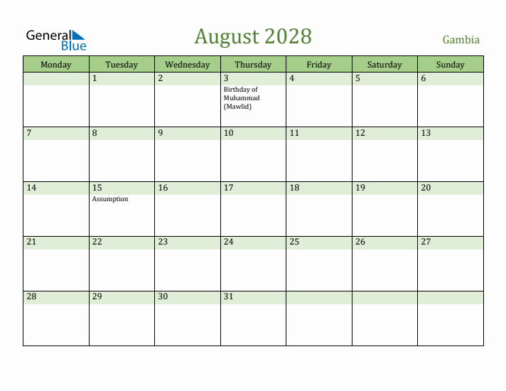 August 2028 Calendar with Gambia Holidays