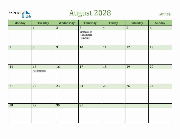 August 2028 Calendar with Guinea Holidays