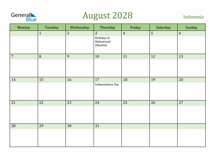 August 2028 Calendar with Indonesia Holidays